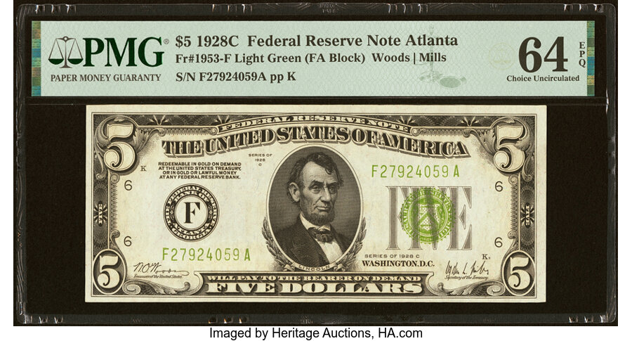 image for: Fr. 1953-F $5 1928C Light Green Seal Federal Reserve Note. PMG Choice Uncirculated 64 EPQ....