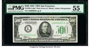 image for: Fr. 2201-L* $500 1934 Federal Reserve Star Note. PMG About Uncirculated 55....