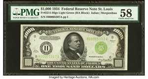 image for: Fr. 2211-H $1,000 1934 Light Green Seal Federal Reserve Note. PMG Choice About Unc 58....