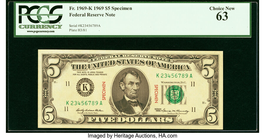 image for: Fr. 1969-K $5 1969 Specimen Federal Reserve Note. PCGS Choice New 63....