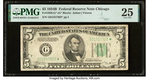 image for: Fr. 1958-G* $5 1934B Federal Reserve Star Note. PMG Very Fine 25....