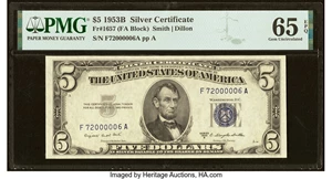 image for: Serial Number F72000006A Fr. 1657 $5 1953B Silver Certificate. PMG Gem Uncirculated 65 EPQ....