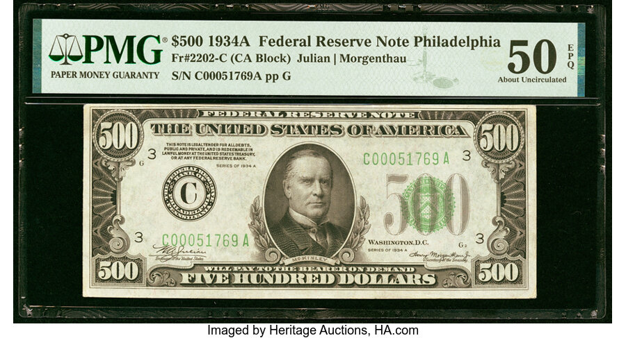 image for: Fr. 2202-C $500 1934A Federal Reserve Note. PMG About Uncirculated 50 EPQ....