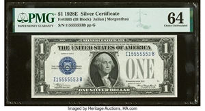 image for: Fr. 1605 $1 1928E Silver Certificate. PMG Choice Uncirculated 64....