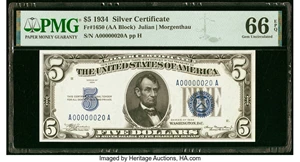 image for: Low Serial Number 20 Fr. 1650 $5 1934 Silver Certificate. PMG Gem Uncirculated 66 EPQ....