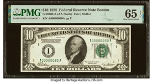 image for: Low Serial Number 90 Fr. 2000-A $10 1928 Federal Reserve Note. PMG Gem Uncirculated 65 EPQ....
