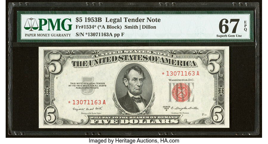 image for: Fr. 1534* $5 1953B Legal Tender Star Note. PMG Superb Gem Unc 67 EPQ....