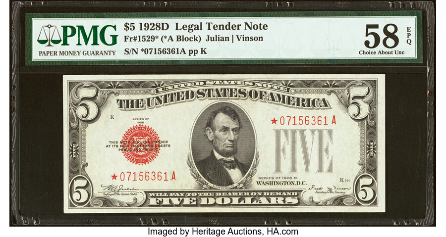 image for: Fr. 1529* $5 1928D Legal Tender Star Note. PMG Choice About Unc 58 EPQ....