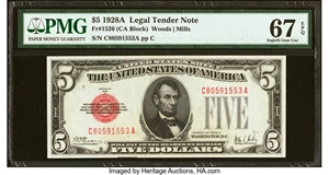 image for: Fr. 1526 $5 1928A Legal Tender Note. PMG Superb Gem Unc 67 EPQ....
