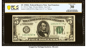 image for: Fr. 1951-L* $5 1928A Federal Reserve Star Note. PCGS Banknote Very Fine 30....