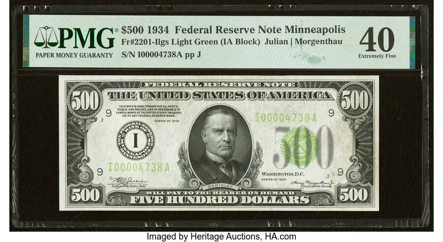 image for: Fr. 2201-I $500 1934 Light Green Seal Federal Reserve Note. PMG Extremely Fine 40....