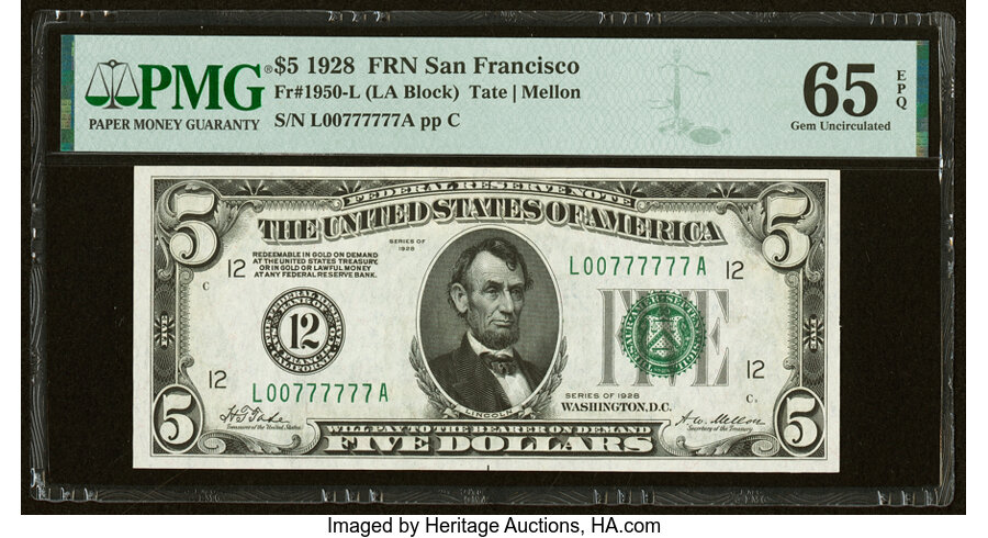 image for: Fancy Serial Number L00777777A Fr. 1950-L $5 1928 Federal Reserve Note. PMG Gem Uncirculated 65 EPQ....