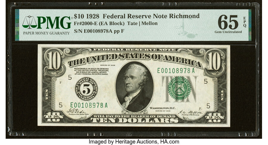 image for: Fr. 2000-E $10 1928 Federal Reserve Note. PMG Gem Uncirculated 65 EPQ....