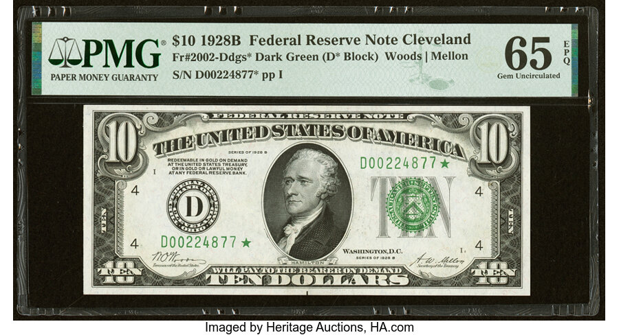 image for: Fr. 2002-D* $10 1928B Federal Reserve Star Note. PMG Gem Uncirculated 65 EPQ....
