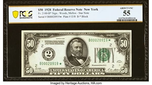 image for: Fr. 2100-B* $50 1928 Federal Reserve Star Note. PCGS Banknote About Unc 55....