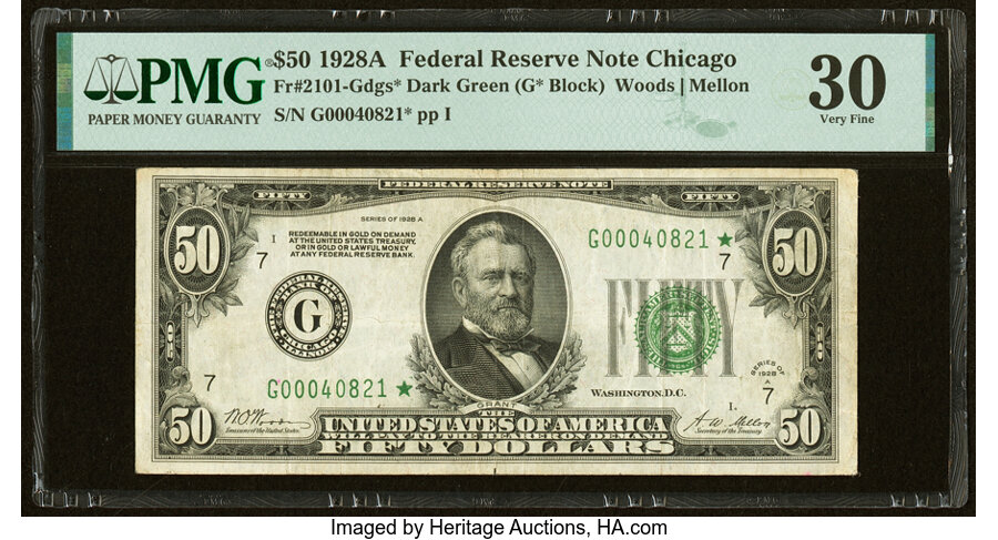 image for: Fr. 2101-G* $50 1928A Federal Reserve Star Note. PMG Very Fine 30....