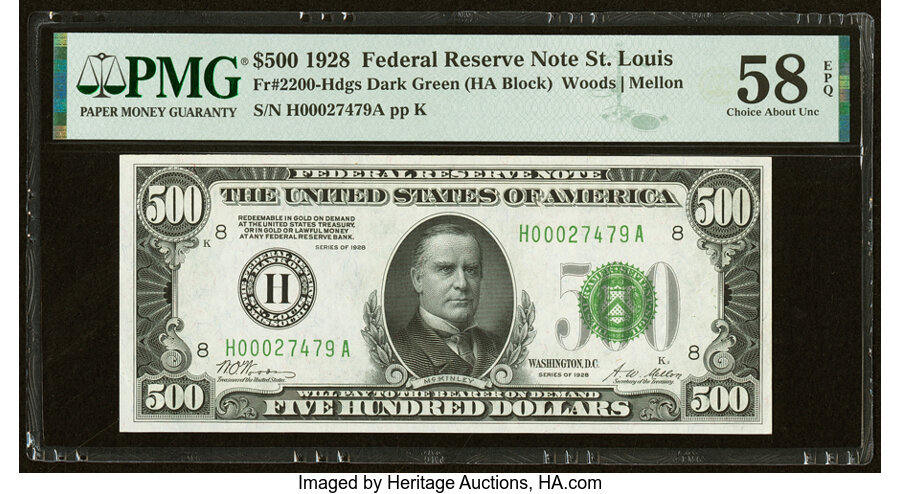 image for: Fr. 2200-H $500 1928 Federal Reserve Note. PMG Choice About Unc 58 EPQ....