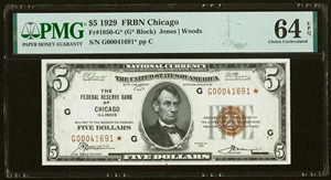 image for: Fr. 1850-G* $5 1929 Federal Reserve Bank Star Note. PMG Choice Uncirculated 64 EPQ....