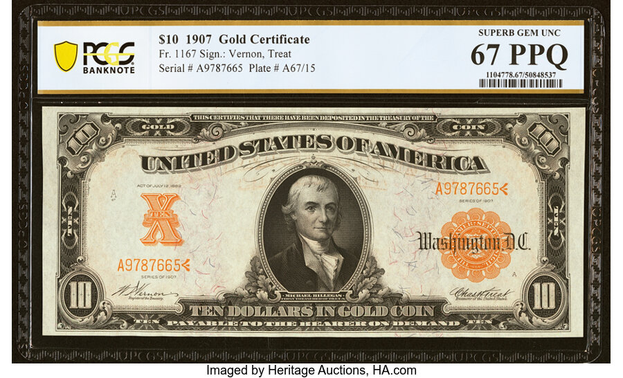 image for: Fr. 1167 $10 1907 Gold Certificate PCGS Banknote Superb Gem Unc 67 PPQ....