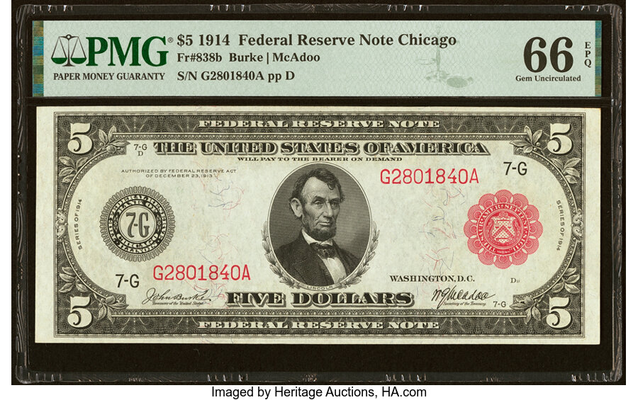 image for: Fr. 838b $5 1914 Red Seal Federal Reserve Note PMG Gem Uncirculated 66 EPQ....