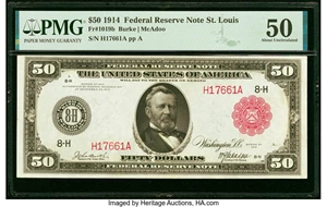 image for: Fr. 1019b $50 1914 Red Seal Federal Reserve Note PMG About Uncirculated 50....