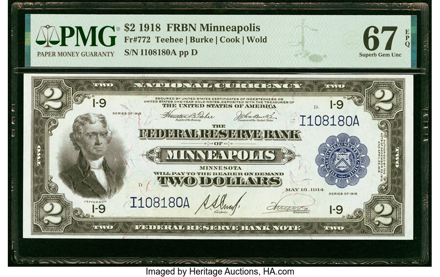 image for: Fr. 772 $2 1918 Federal Reserve Bank Note PMG Superb Gem Unc 67 EPQ....