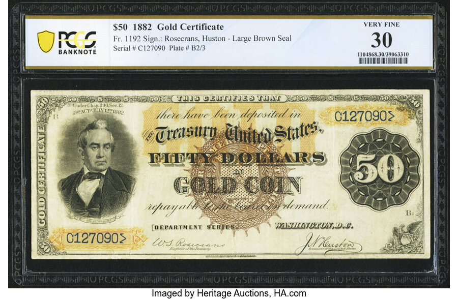 image for: Fr. 1192 $50 1882 Gold Certificate PCGS Banknote Very Fine 30....
