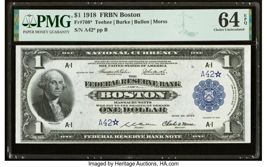 image for: Fr. 708* $1 1918 Federal Reserve Bank Star Note PMG Choice Uncirculated 64 EPQ....