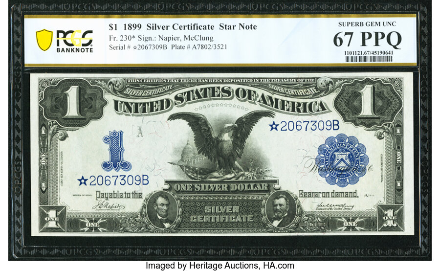 image for: Fr. 230* $1 1899 Silver Certificate Star PCGS Banknote Superb Gem Unc 67 PPQ....