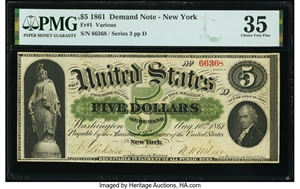 image for: Fr. 1 $5 1861 Demand Note PMG Choice Very Fine 35....