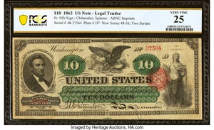 image for: Fr. 95b $10 1863 Legal Tender PCGS Banknote Very Fine 25....