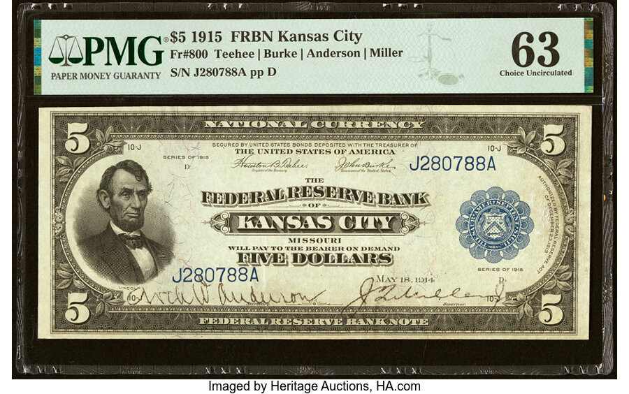 image for: Fr. 800 $5 1915 Federal Reserve Bank Note PMG Choice Uncirculated 63....