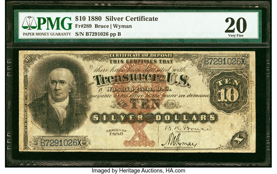 image for: Fr. 289 $10 1880 Silver Certificate PMG Very Fine 20....