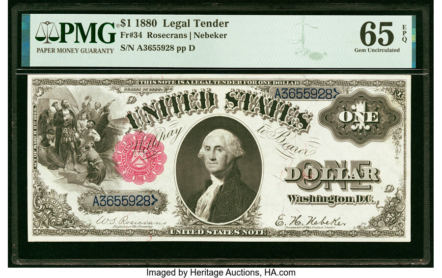 image for: Fr. 34 $1 1880 Legal Tender PMG Gem Uncirculated 65 EPQ....