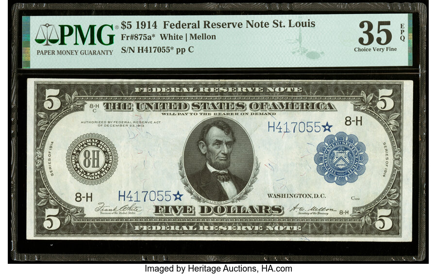 image for: Fr. 875a* $5 1914 Federal Reserve Star Note PMG Choice Very Fine 35 EPQ....
