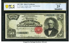 image for: Fr. 334 $50 1891 Silver Certificate PCGS Banknote Very Fine 25....