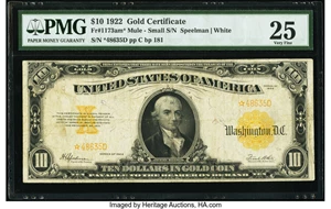 image for: Fr. 1173a* $10 1922 Mule Gold Certificate Star PMG Very Fine 25....