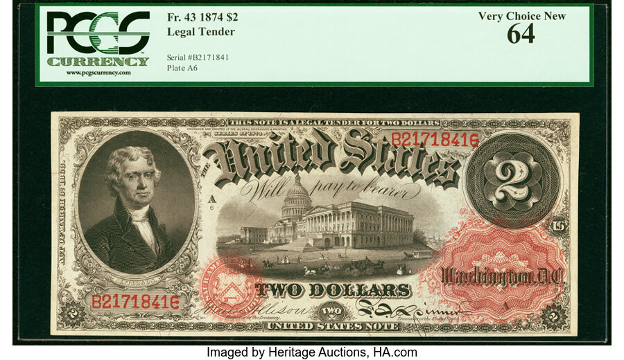 image for: Fr. 43 $2 1874 Legal Tender PCGS Very Choice New 64....