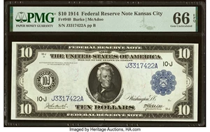 image for: Fr. 940 $10 1914 Federal Reserve Note PMG Gem Uncirculated 66 EPQ....