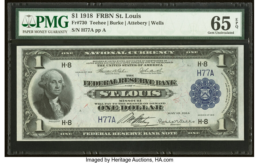 image for: Low Serial Number H77A Fr. 730 $1 1918 Federal Reserve Bank Note PMG Gem Uncirculated 65 EPQ....