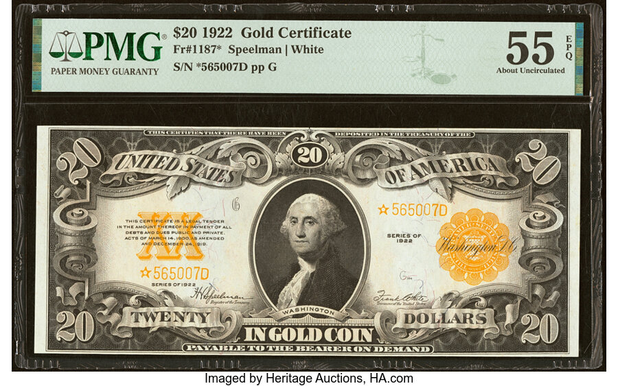 image for: Fr. 1187* $20 1922 Gold Certificate Star PMG About Uncirculated 55 EPQ....