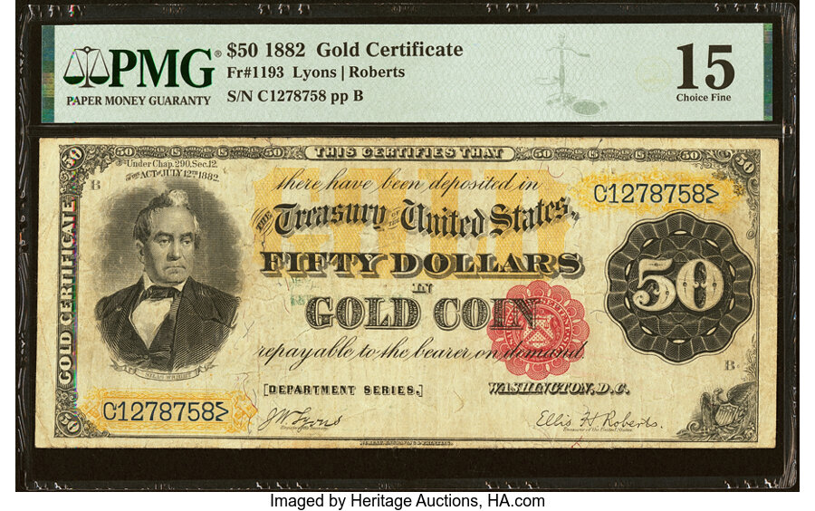 image for: Fr. 1193 $50 1882 Gold Certificate PMG Choice Fine 15....