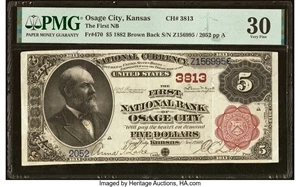 image for: Osage City, KS - $5 1882 Brown Back Fr. 470 The First National Bank Ch. # 3813 PMG Very Fine 30....