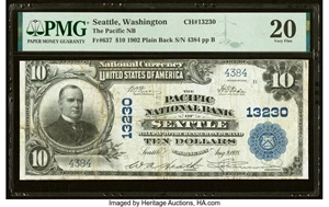 image for: Seattle, WA - $10 1902 Plain Back Fr. 637 The Pacific National Bank Ch. # 13230 PMG Very Fine 20....