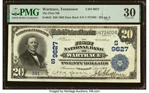 image for: Wartrace, TN - $20 1902 Date Back Fr. 645 The First National Bank Ch. # (S)9627 PMG Very Fine 30....