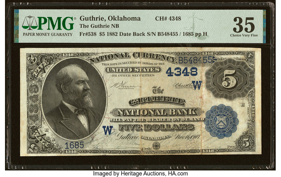 image for: Guthrie, OK - $5 1882 Date Back Fr. 538 The Guthrie National Bank Ch. # (W)4348 PMG Choice Very Fine 35....