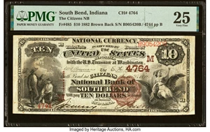 image for: South Bend, IN - $10 1882 Brown Back Fr. 485 The Citizens National Bank Ch. # (M)4764 PMG Very Fine 25....