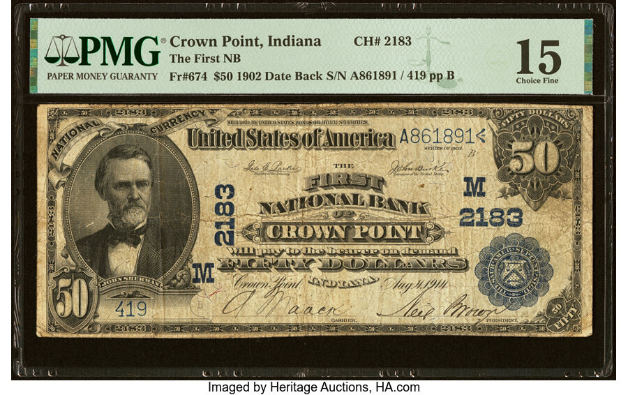 image for: Crown Point, IN - $50 1902 Date Back Fr. 674 The First National Bank Ch. # (M)2183 PMG Choice Fine 15....