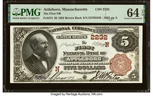 image for: Attleboro, MA - $5 1882 Brown Back Fr. 474 The First National Bank Ch. # (N)2232 PMG Choice Uncirculated 64 EPQ....