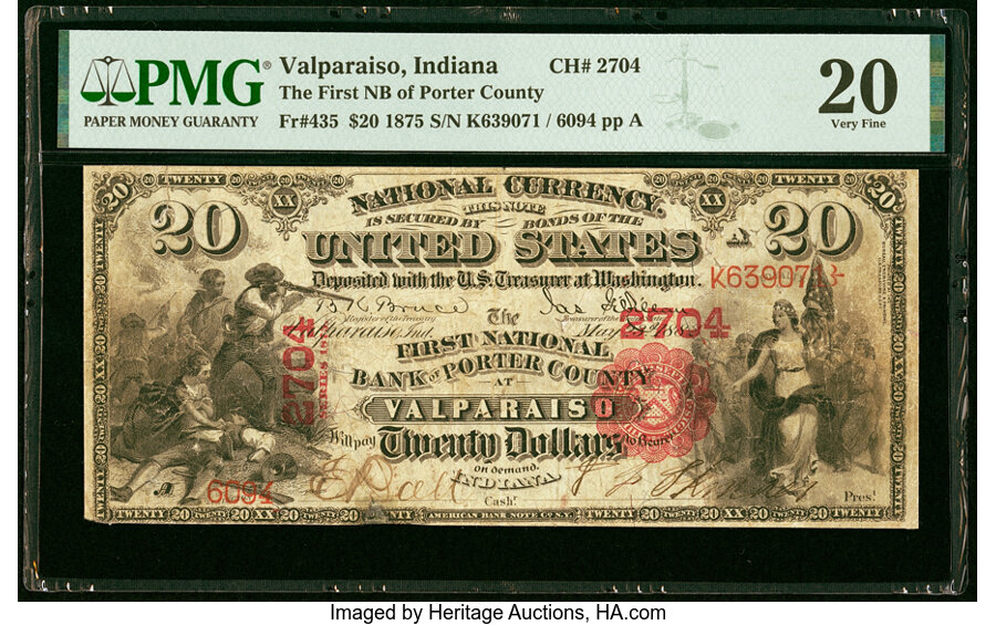 image for: Valparaiso, IN - $20 1875 Fr. 435 The First National Bank Ch. # 2704 PMG Very Fine 20....